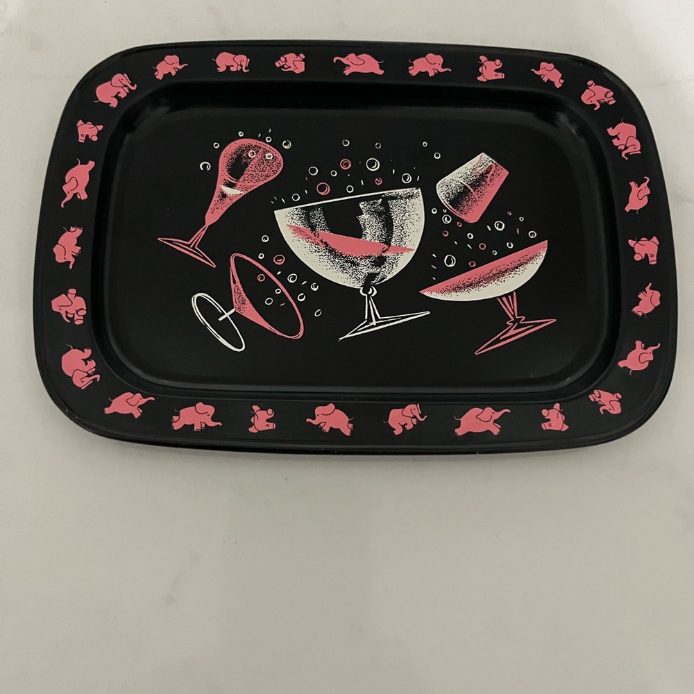 Vtg. metal tipping, rolling tray Pink Elephants Barware, cocktail, JL Steel